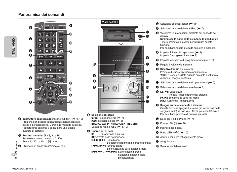 Panoramica dei comandi | Panasonic SCPM500 User Manual | Page 16 / 80