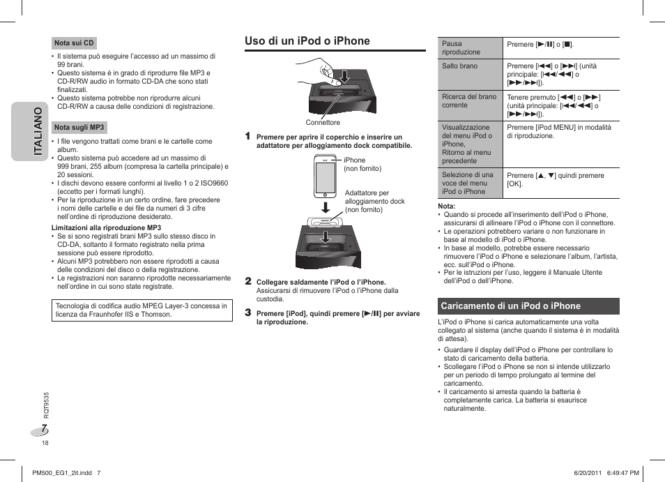 Uso di un ipod o iphone | Panasonic SCPM500 User Manual | Page 18 / 80