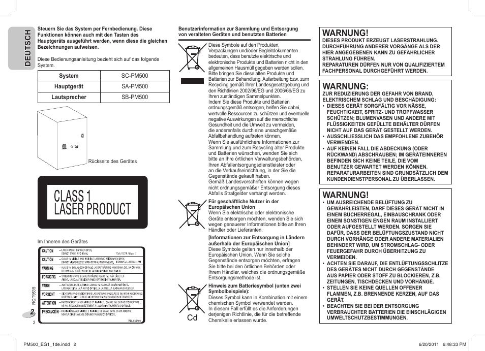 Warnung | Panasonic SCPM500 User Manual | Page 2 / 80