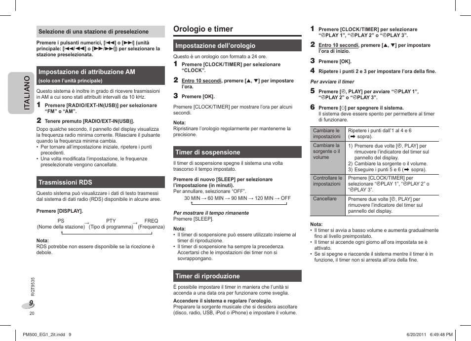 Orologio e timer | Panasonic SCPM500 User Manual | Page 20 / 80