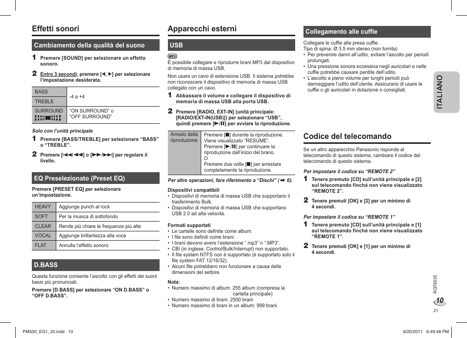 Effetti sonori, Apparecchi esterni, Codice del telecomando | Panasonic SCPM500 User Manual | Page 21 / 80