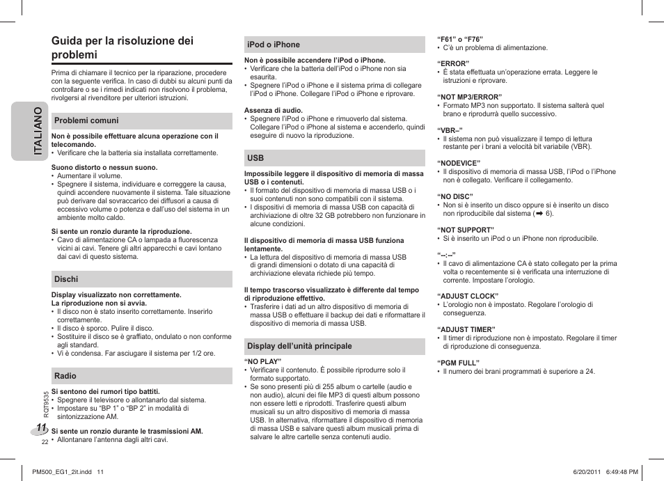 Guida per la risoluzione dei problemi, It a l ia n o it aliano | Panasonic SCPM500 User Manual | Page 22 / 80