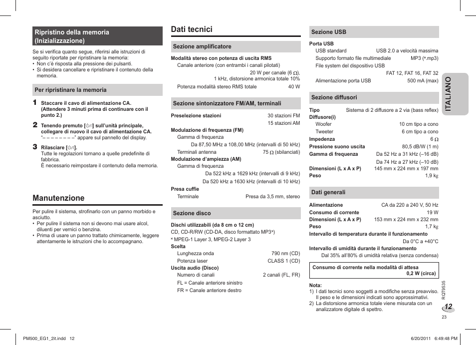 Manutenzione, Dati tecnici, It a l ia n o it aliano | Panasonic SCPM500 User Manual | Page 23 / 80