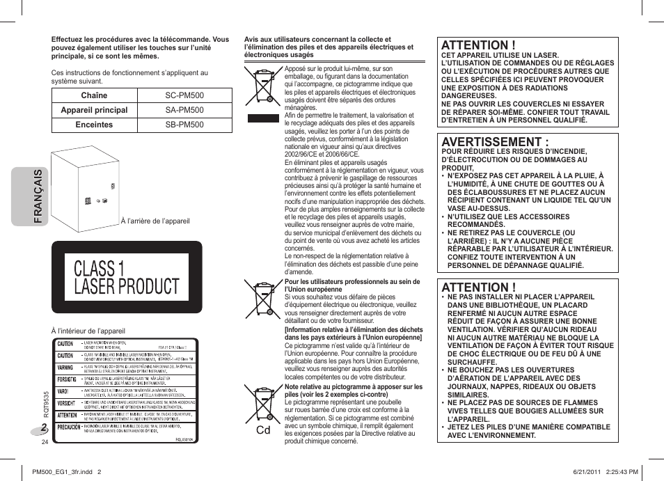 Attention, Avertissement | Panasonic SCPM500 User Manual | Page 24 / 80