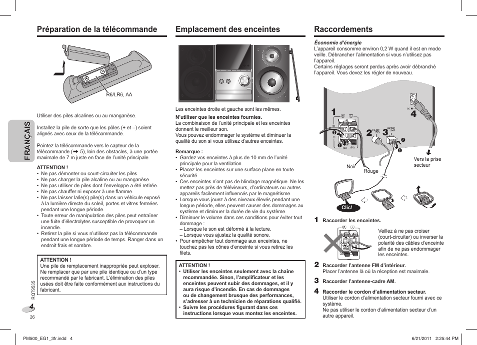 Préparation de la télécommande, Emplacement des enceintes, Raccordements | Panasonic SCPM500 User Manual | Page 26 / 80