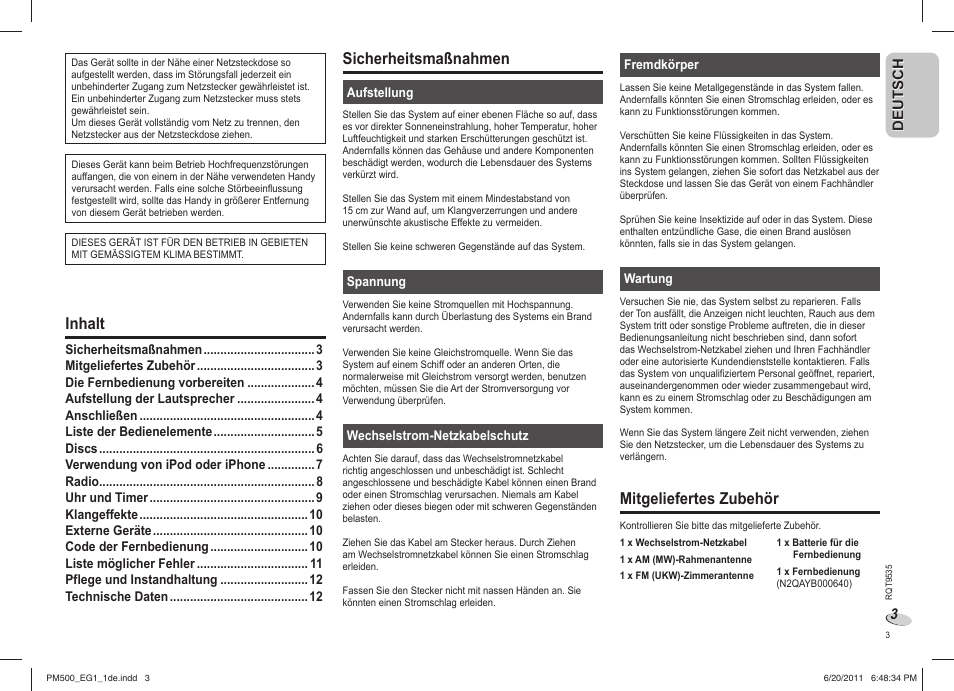 Sicherheitsmaßnahmen, Mitgeliefertes zubehör, Inhalt | Panasonic SCPM500 User Manual | Page 3 / 80