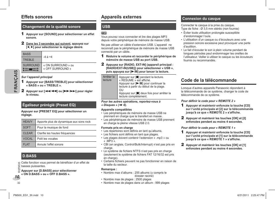 Effets sonores, Appareils externes, Code de la télécommande | Panasonic SCPM500 User Manual | Page 32 / 80