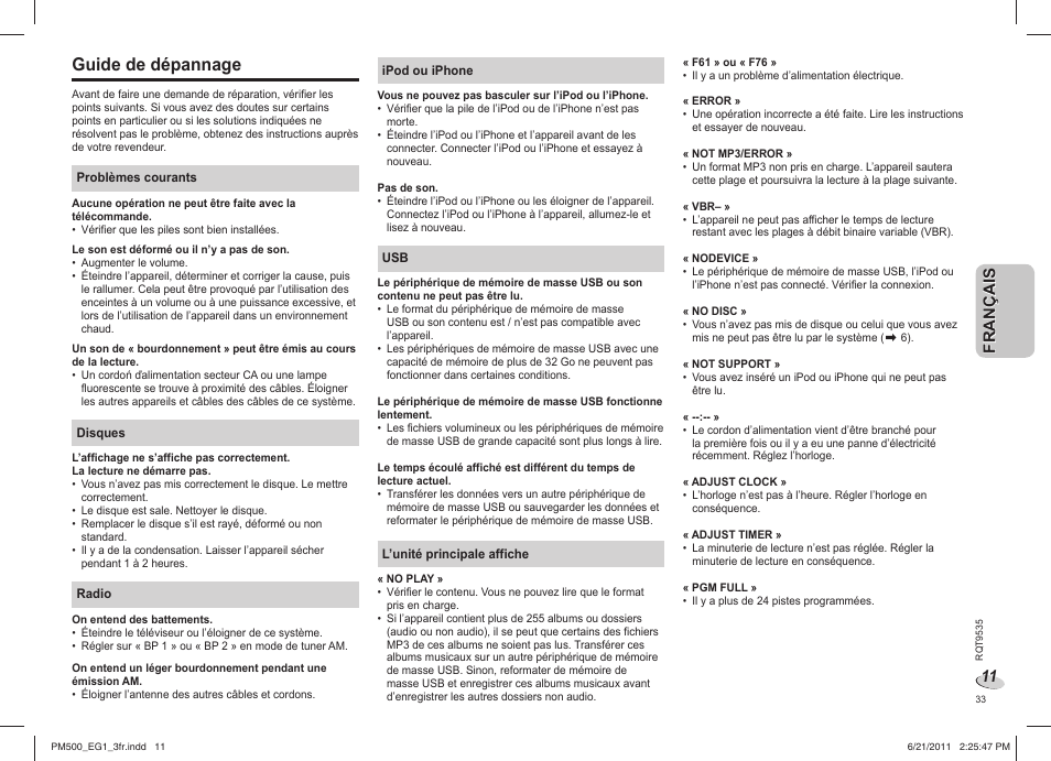 Guide de dépannage | Panasonic SCPM500 User Manual | Page 33 / 80