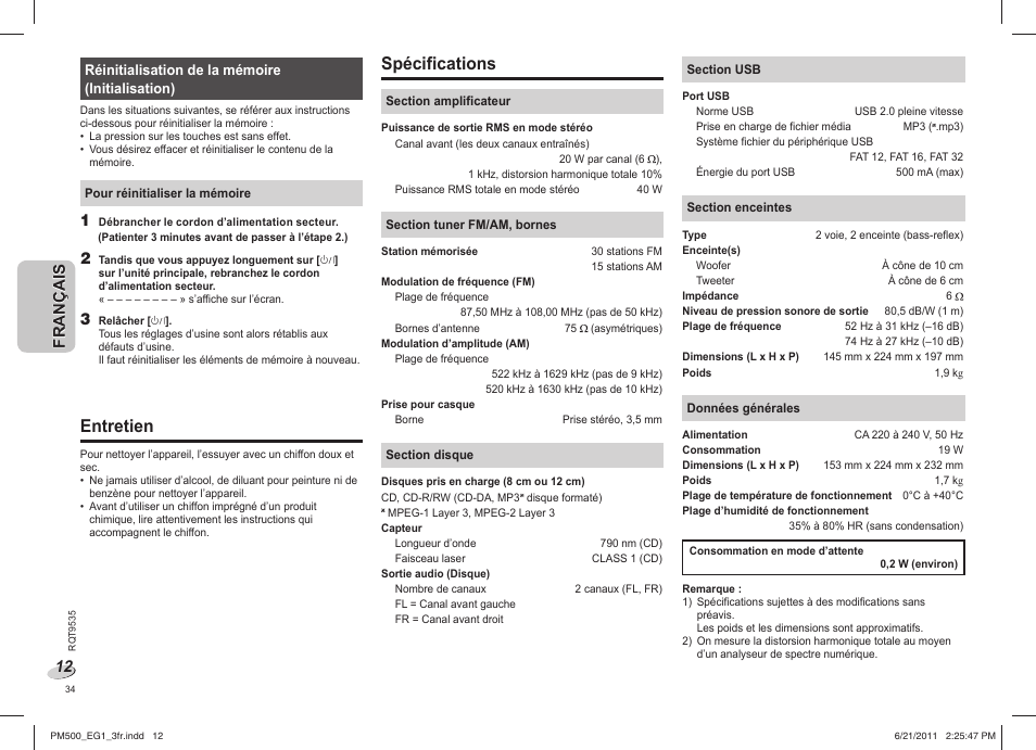 Entretien, Spécifications | Panasonic SCPM500 User Manual | Page 34 / 80