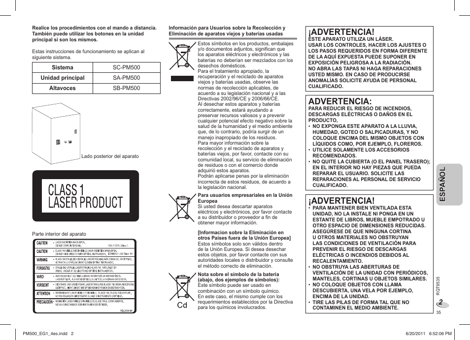 Advertencia | Panasonic SCPM500 User Manual | Page 35 / 80