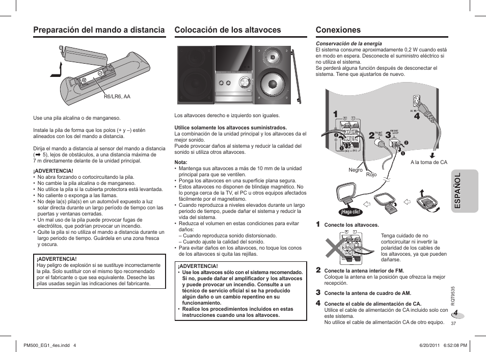 Preparación del mando a distancia, Colocación de los altavoces, Conexiones | Panasonic SCPM500 User Manual | Page 37 / 80