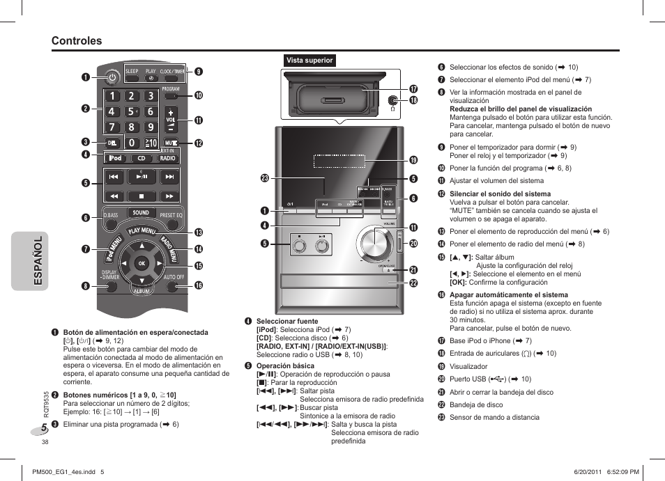 Controles | Panasonic SCPM500 User Manual | Page 38 / 80