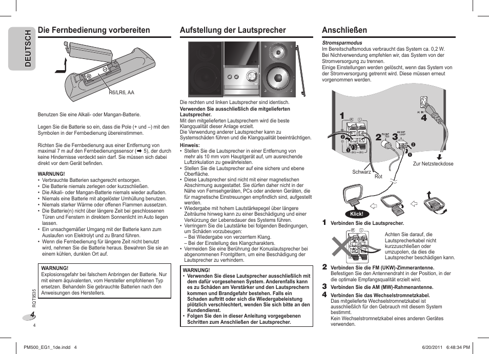 Die fernbedienung vorbereiten, Aufstellung der lautsprecher, Anschließen | Panasonic SCPM500 User Manual | Page 4 / 80