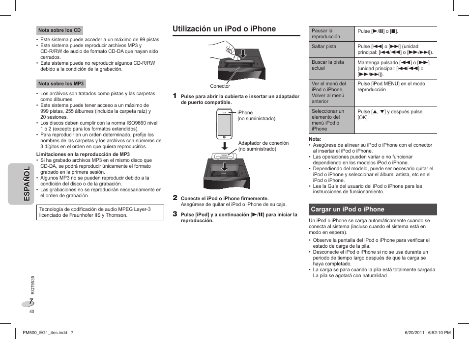 Utilización un ipod o iphone | Panasonic SCPM500 User Manual | Page 40 / 80