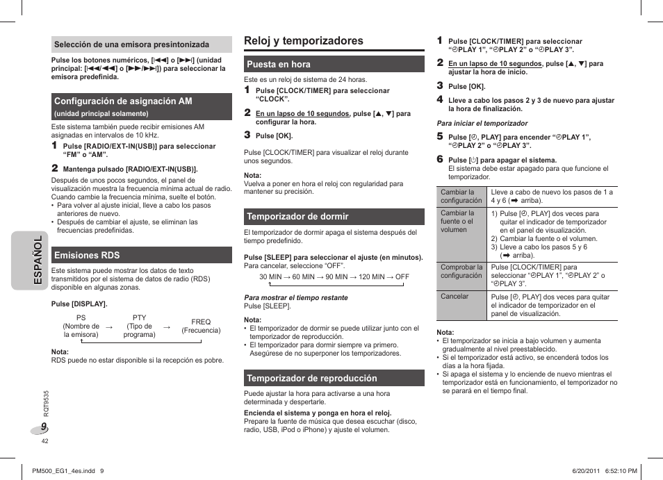 Reloj y temporizadores | Panasonic SCPM500 User Manual | Page 42 / 80