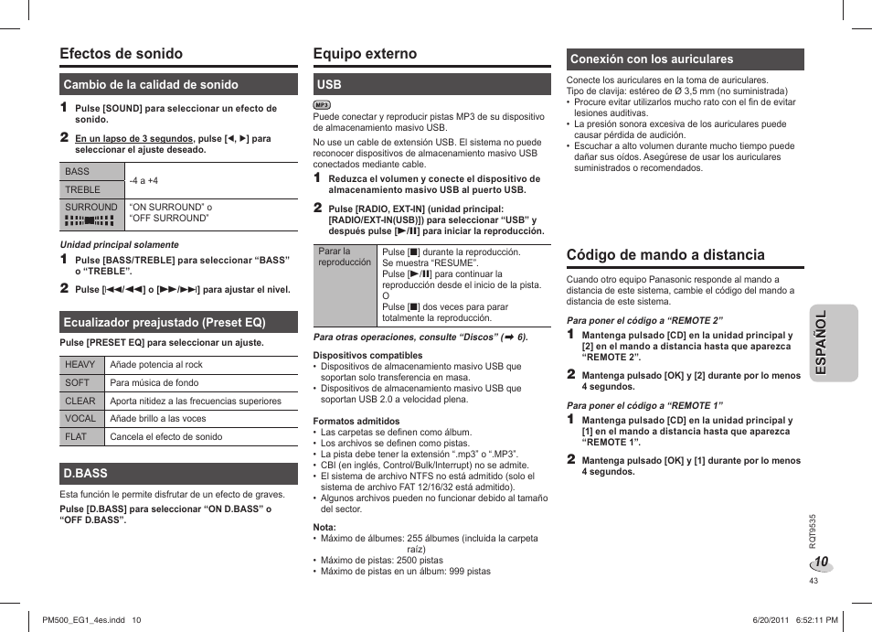 Efectos de sonido, Equipo externo, Código de mando a distancia | Panasonic SCPM500 User Manual | Page 43 / 80