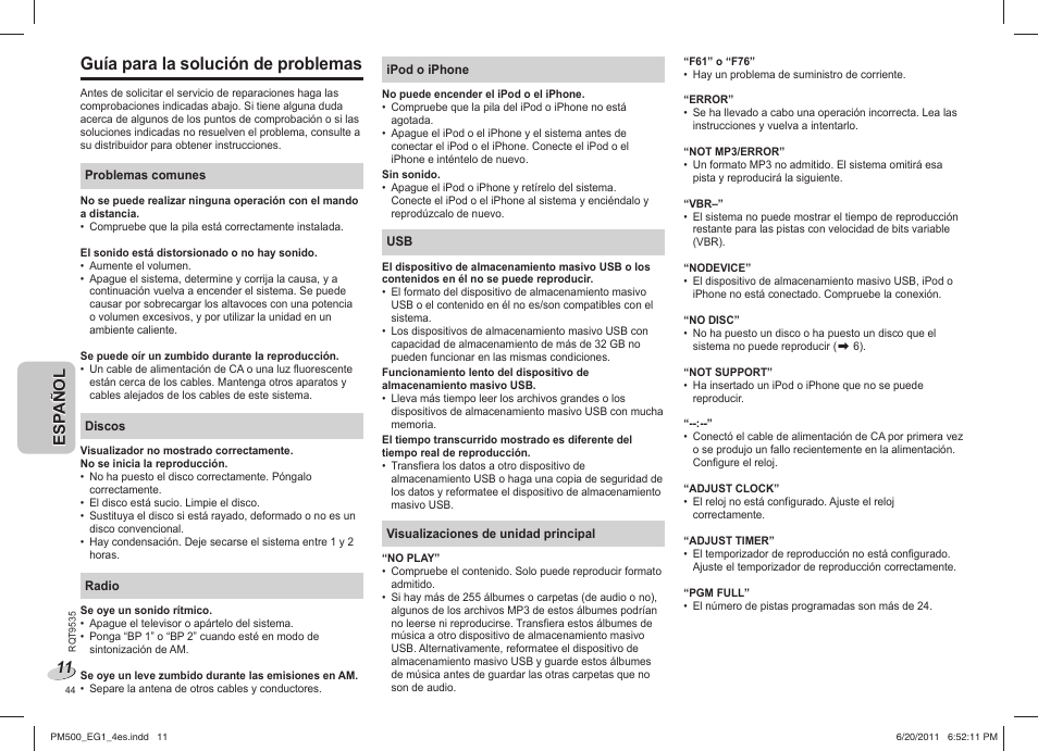 Guía para la solución de problemas | Panasonic SCPM500 User Manual | Page 44 / 80