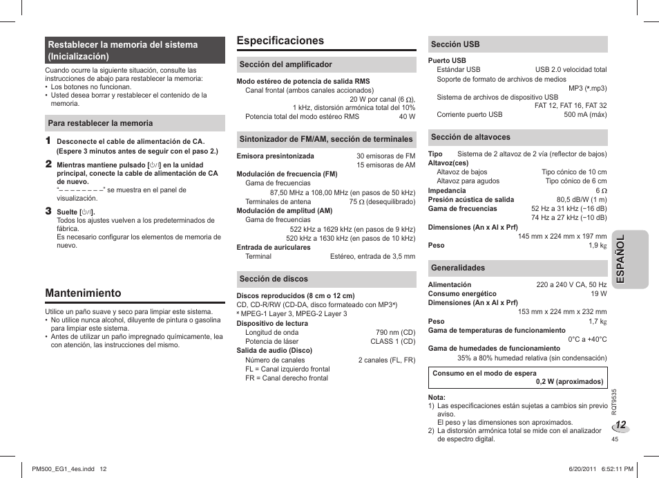 Mantenimiento, Especificaciones | Panasonic SCPM500 User Manual | Page 45 / 80