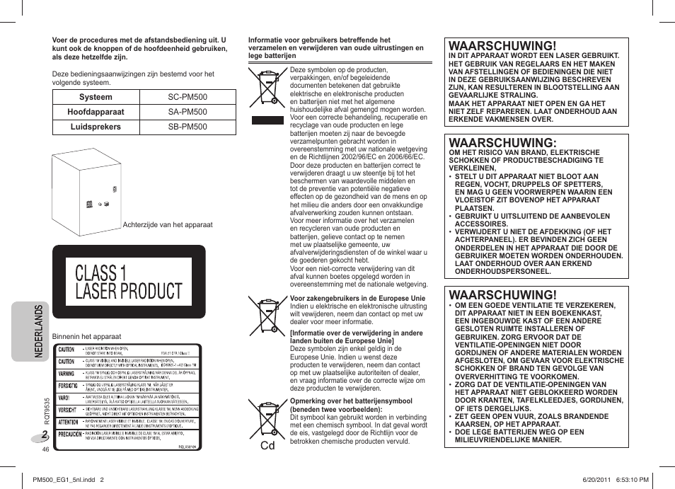 Waarschuwing, Ne de rl an ds nederlands | Panasonic SCPM500 User Manual | Page 46 / 80