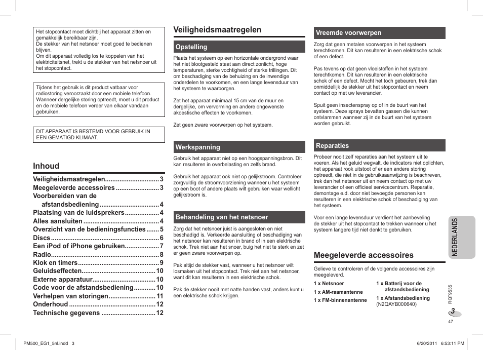 Veiligheidsmaatregelen, Meegeleverde accessoires, Inhoud | Panasonic SCPM500 User Manual | Page 47 / 80