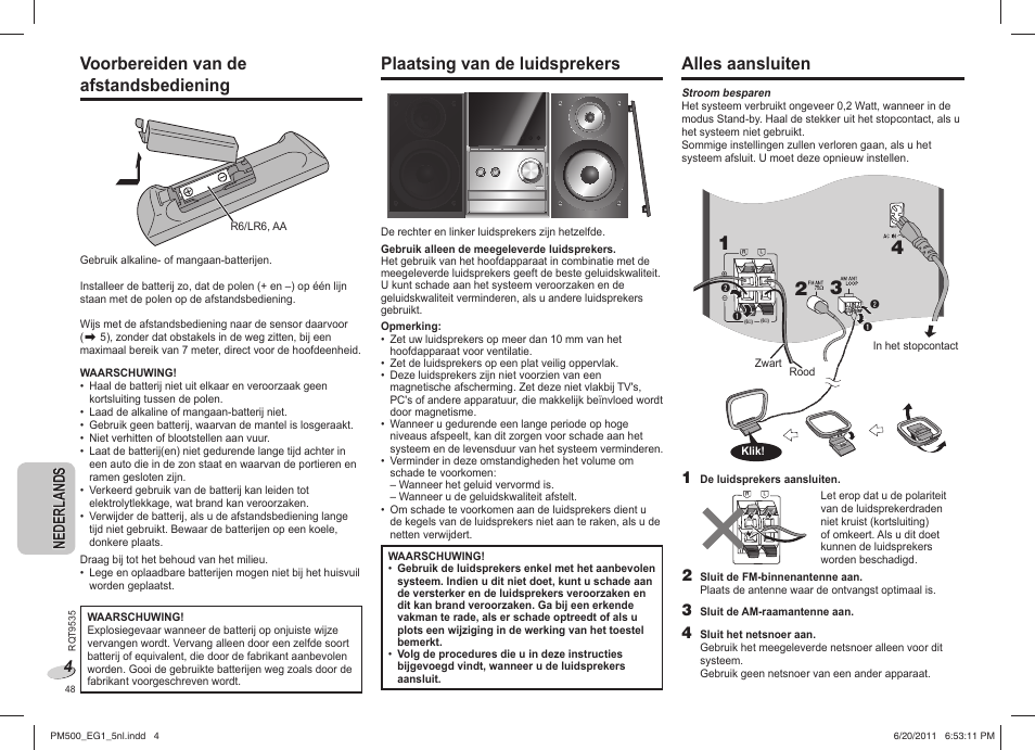 Voorbereiden van de afstandsbediening, Plaatsing van de luidsprekers, Alles aansluiten | Panasonic SCPM500 User Manual | Page 48 / 80