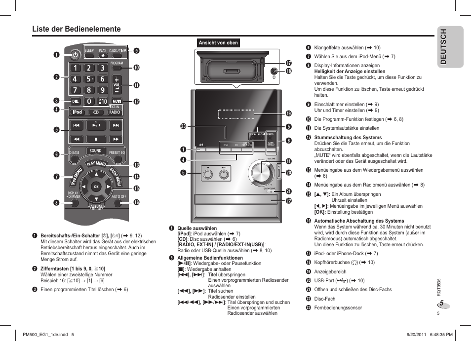 Liste der bedienelemente | Panasonic SCPM500 User Manual | Page 5 / 80