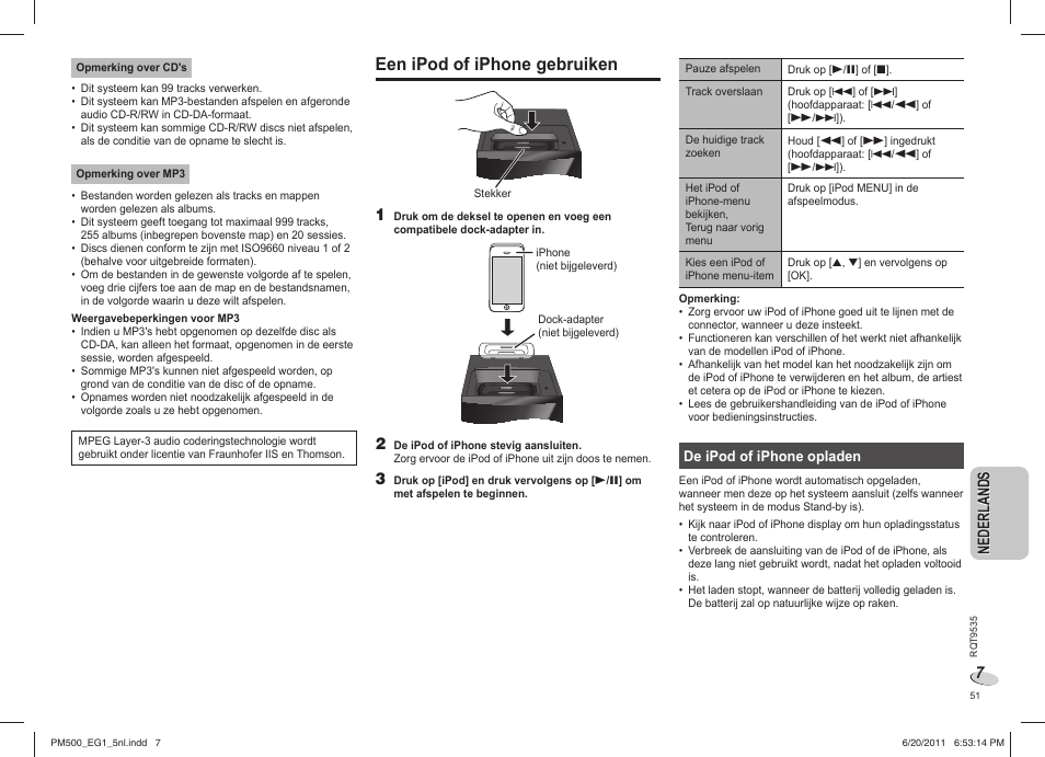 Een ipod of iphone gebruiken, Ne de rl an ds nederlands | Panasonic SCPM500 User Manual | Page 51 / 80