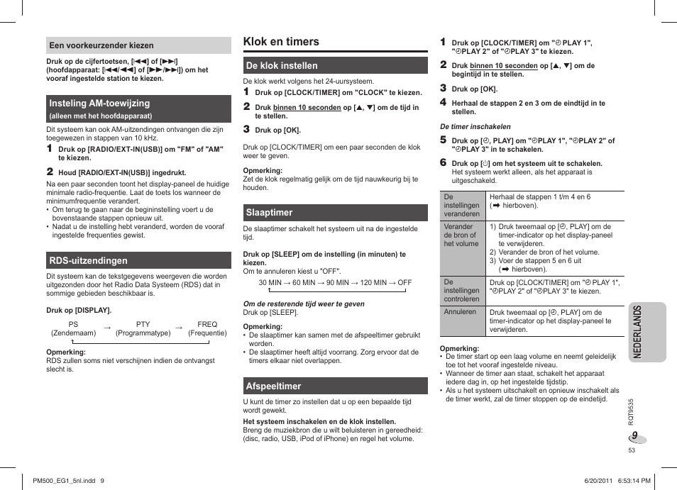 Klok en timers | Panasonic SCPM500 User Manual | Page 53 / 80