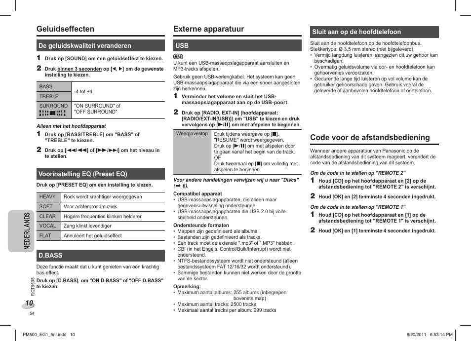 Geluidseffecten, Externe apparatuur, Code voor de afstandsbediening | Panasonic SCPM500 User Manual | Page 54 / 80