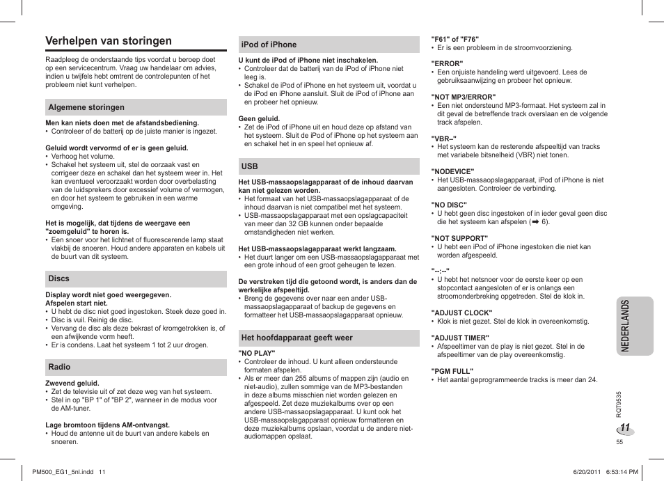 Verhelpen van storingen, Ne de rl an ds nederlands | Panasonic SCPM500 User Manual | Page 55 / 80