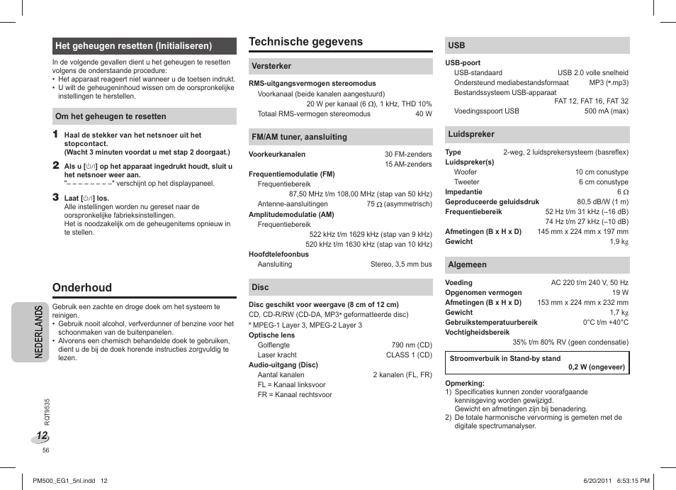 Onderhoud, Technische gegevens, Ne de rl an ds nederlands | Panasonic SCPM500 User Manual | Page 56 / 80