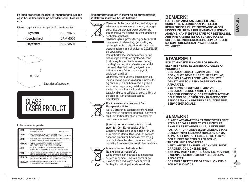 Bemærk, Advarsel | Panasonic SCPM500 User Manual | Page 57 / 80