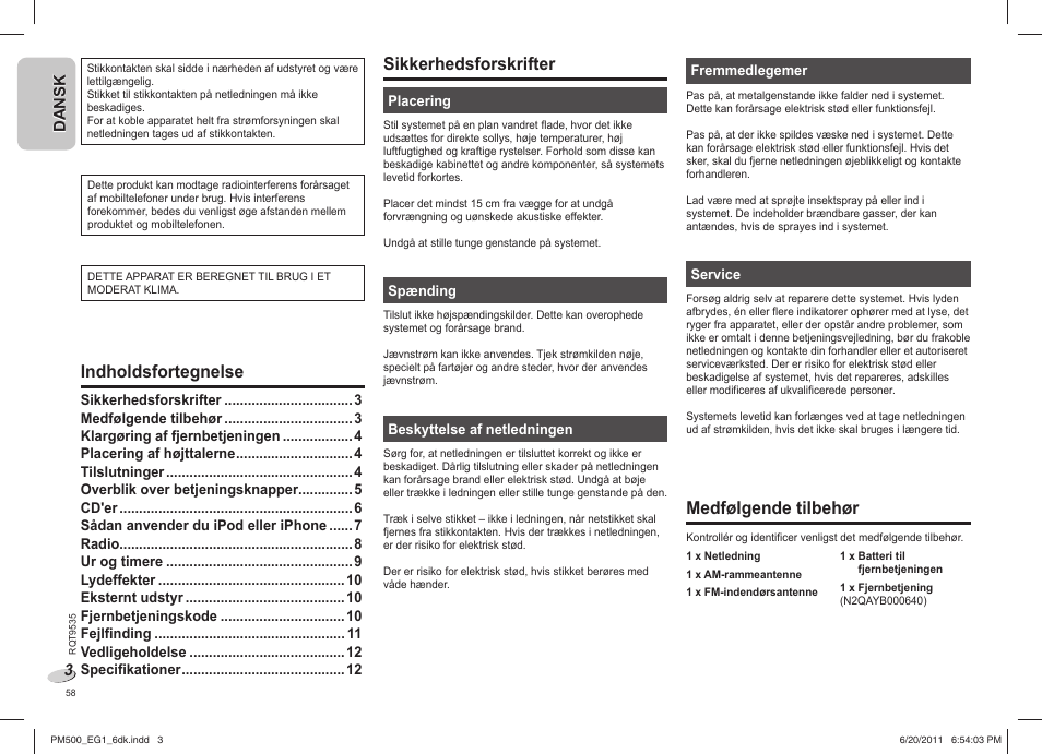 Sikkerhedsforskrifter, Medfølgende tilbehør, Indholdsfortegnelse | Panasonic SCPM500 User Manual | Page 58 / 80