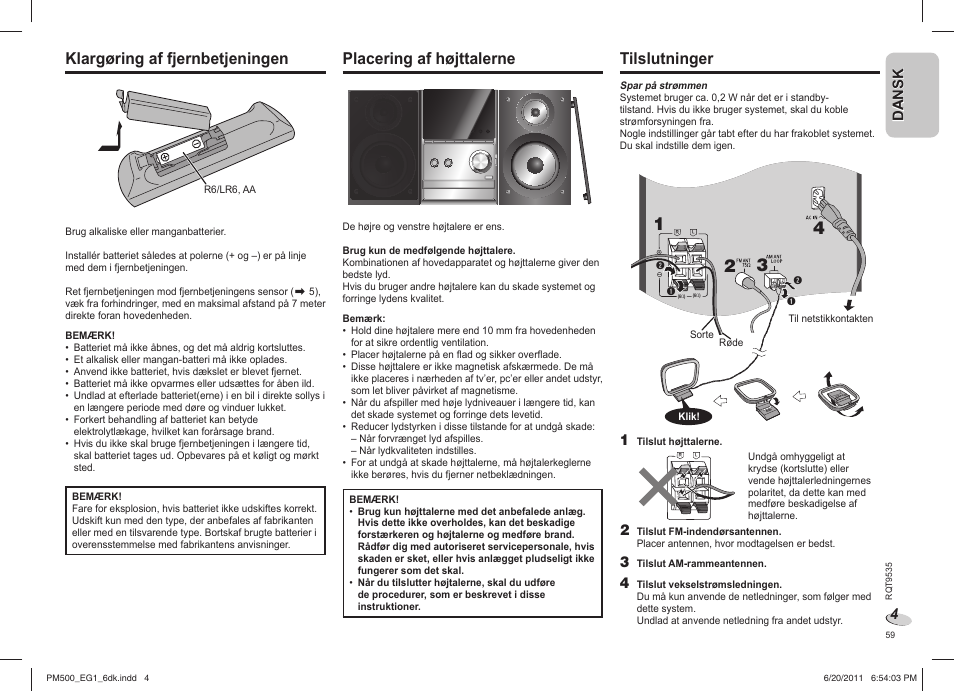 Klargøring af fjernbetjeningen, Placering af højttalerne, Tilslutninger | Panasonic SCPM500 User Manual | Page 59 / 80