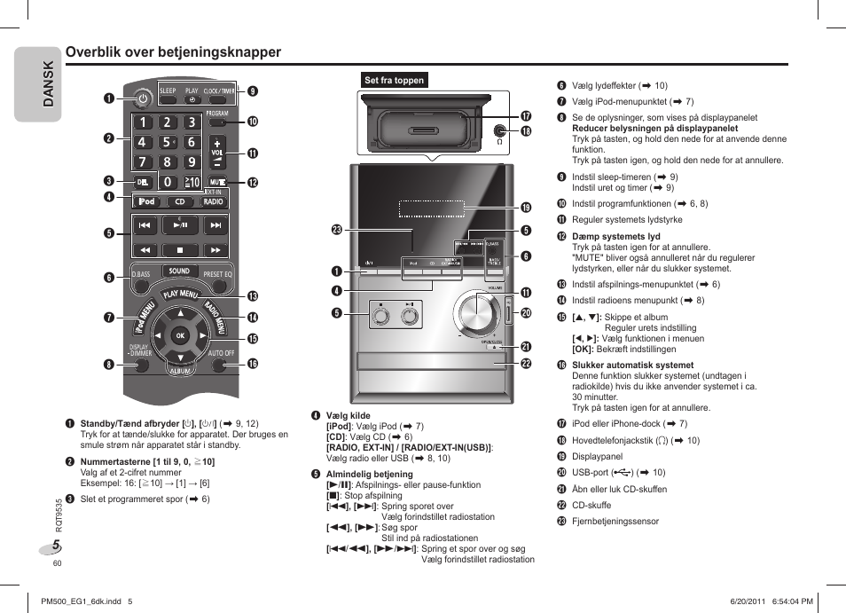 Overblik over betjeningsknapper | Panasonic SCPM500 User Manual | Page 60 / 80