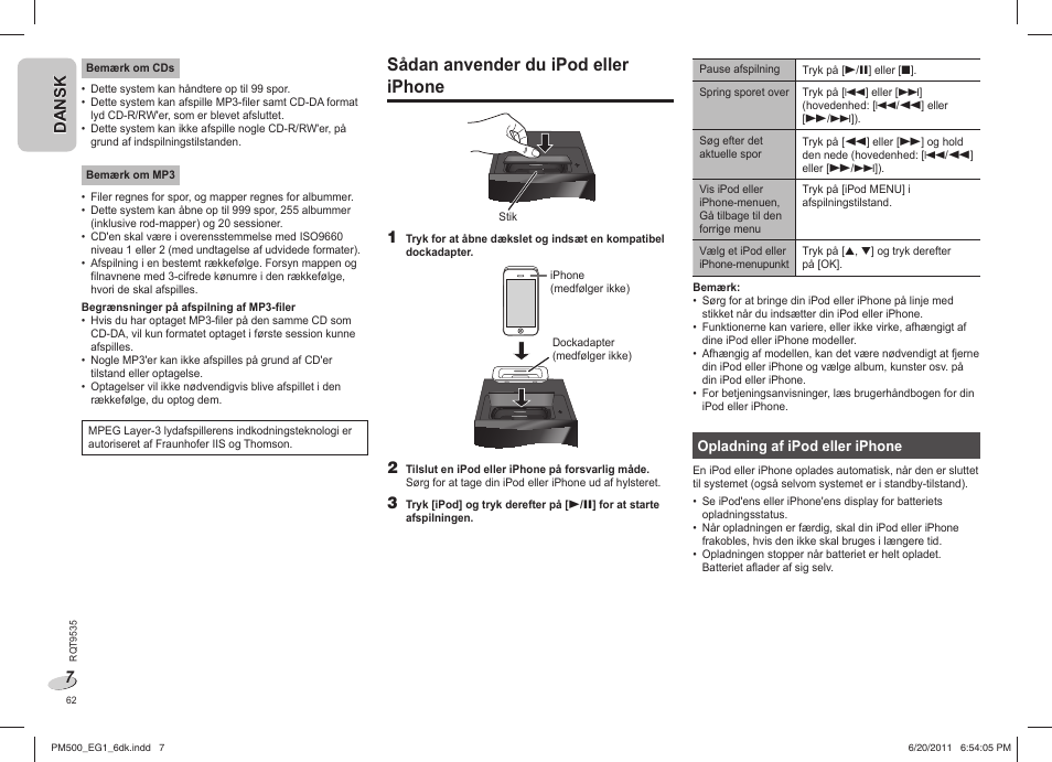 Sådan anvender du ipod eller iphone | Panasonic SCPM500 User Manual | Page 62 / 80