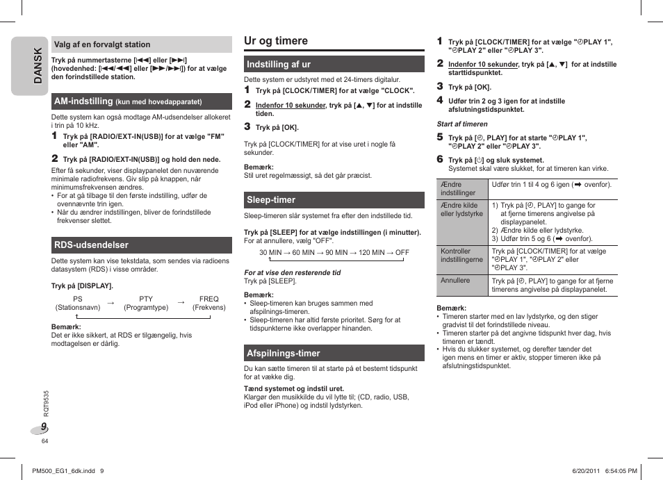 Ur og timere | Panasonic SCPM500 User Manual | Page 64 / 80