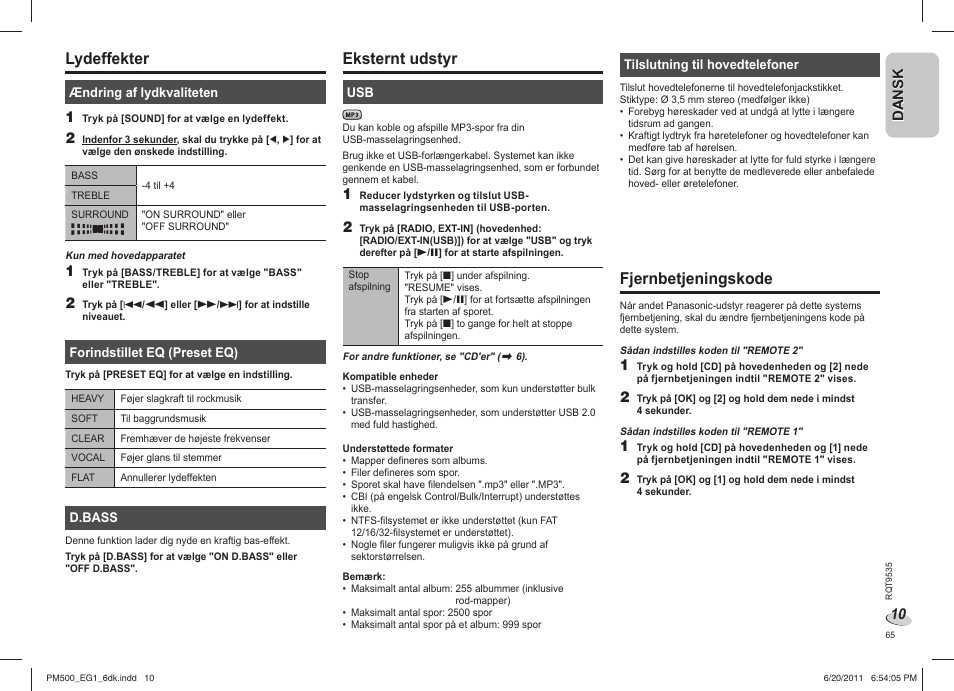 Lydeffekter, Eksternt udstyr, Fjernbetjeningskode | Panasonic SCPM500 User Manual | Page 65 / 80