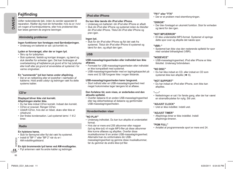 Fejlfinding | Panasonic SCPM500 User Manual | Page 66 / 80