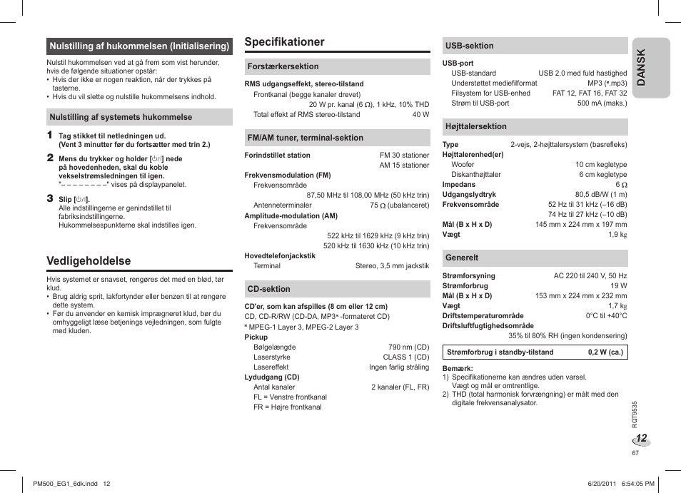 Vedligeholdelse, Specifikationer | Panasonic SCPM500 User Manual | Page 67 / 80