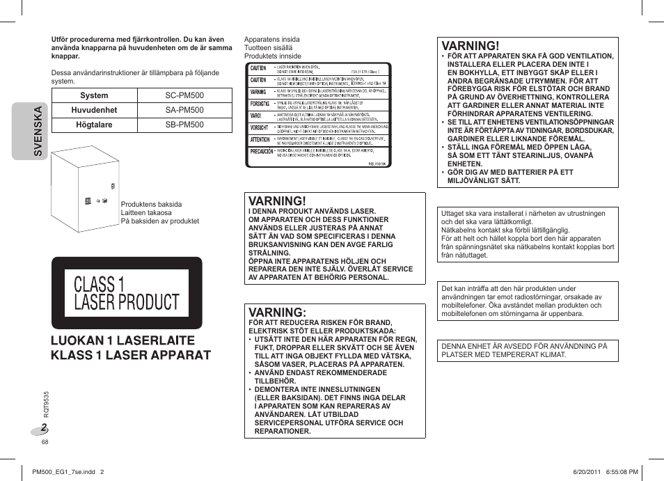 Varning | Panasonic SCPM500 User Manual | Page 68 / 80