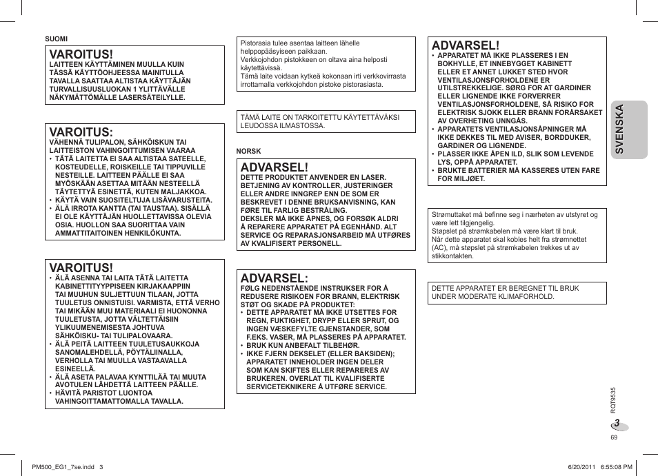 Varoitus, Advarsel | Panasonic SCPM500 User Manual | Page 69 / 80