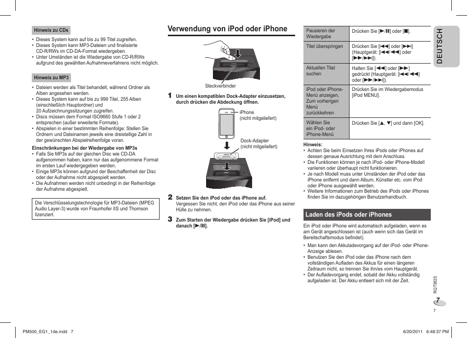 Verwendung von ipod oder iphone | Panasonic SCPM500 User Manual | Page 7 / 80