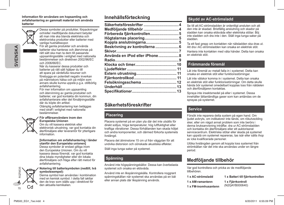 Säkerhetsföreskrifter, Medföljande tillbehör, Innehållsförteckning | Panasonic SCPM500 User Manual | Page 70 / 80