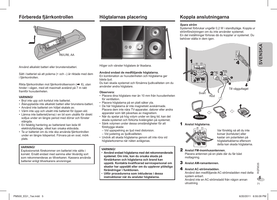 Förbereda fjärrkontrollen, Högtalarnas placering, Koppla anslutningarna | Panasonic SCPM500 User Manual | Page 71 / 80