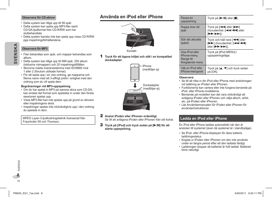 Använda en ipod eller iphone | Panasonic SCPM500 User Manual | Page 74 / 80