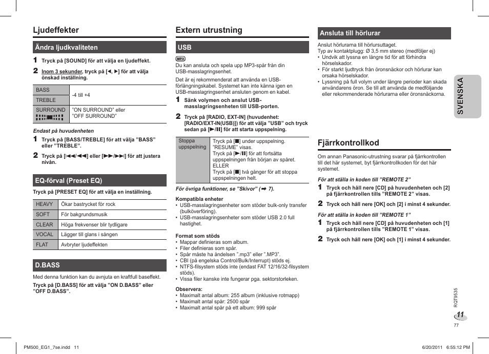 Ljudeffekter, Extern utrustning, Fjärrkontrollkod | Panasonic SCPM500 User Manual | Page 77 / 80
