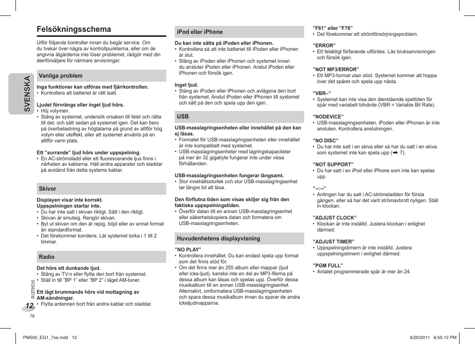 Felsökningsschema | Panasonic SCPM500 User Manual | Page 78 / 80