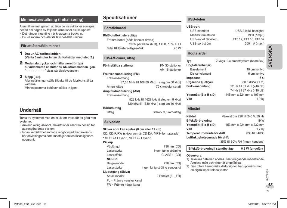 Underhåll, Specifikationer | Panasonic SCPM500 User Manual | Page 79 / 80