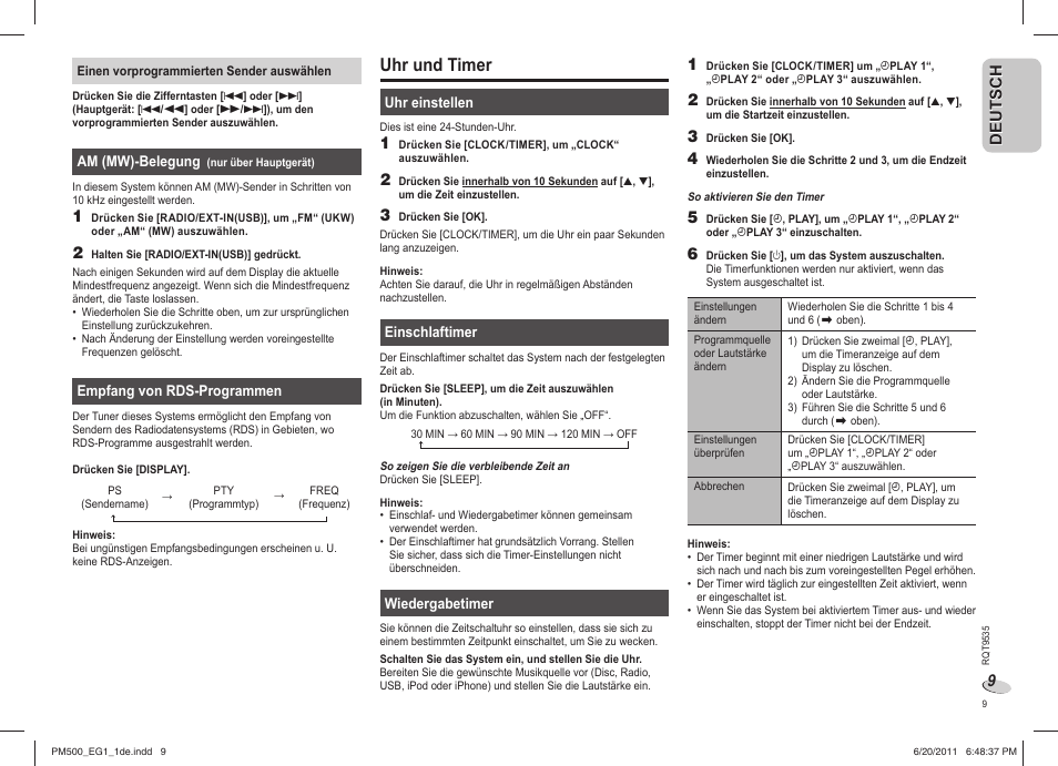 Uhr und timer | Panasonic SCPM500 User Manual | Page 9 / 80